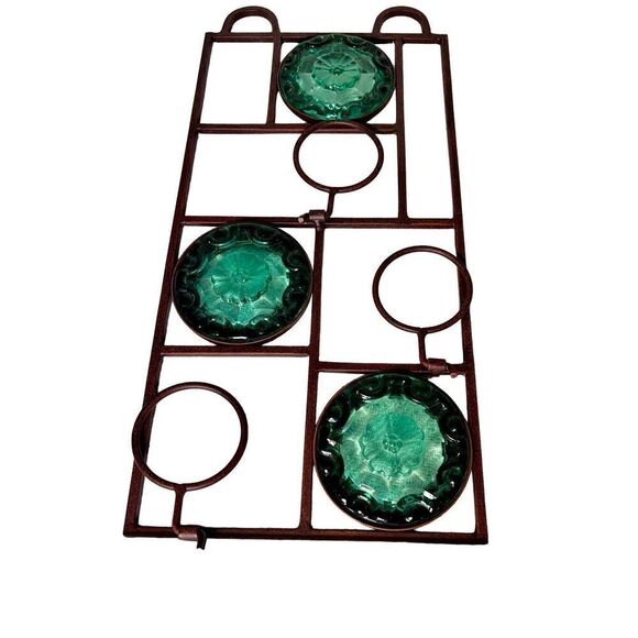 Vintage Wall Hanging Metal 3 Light Votive Candle Holder Green Glass 16” - Picture 3 of 6